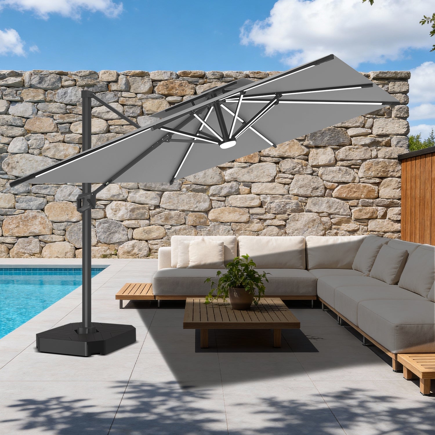 Patioslife Aegis – Parasol déporté Premium avec éclairage LED intégré, base croisée en métal et baleines en fibre de verre