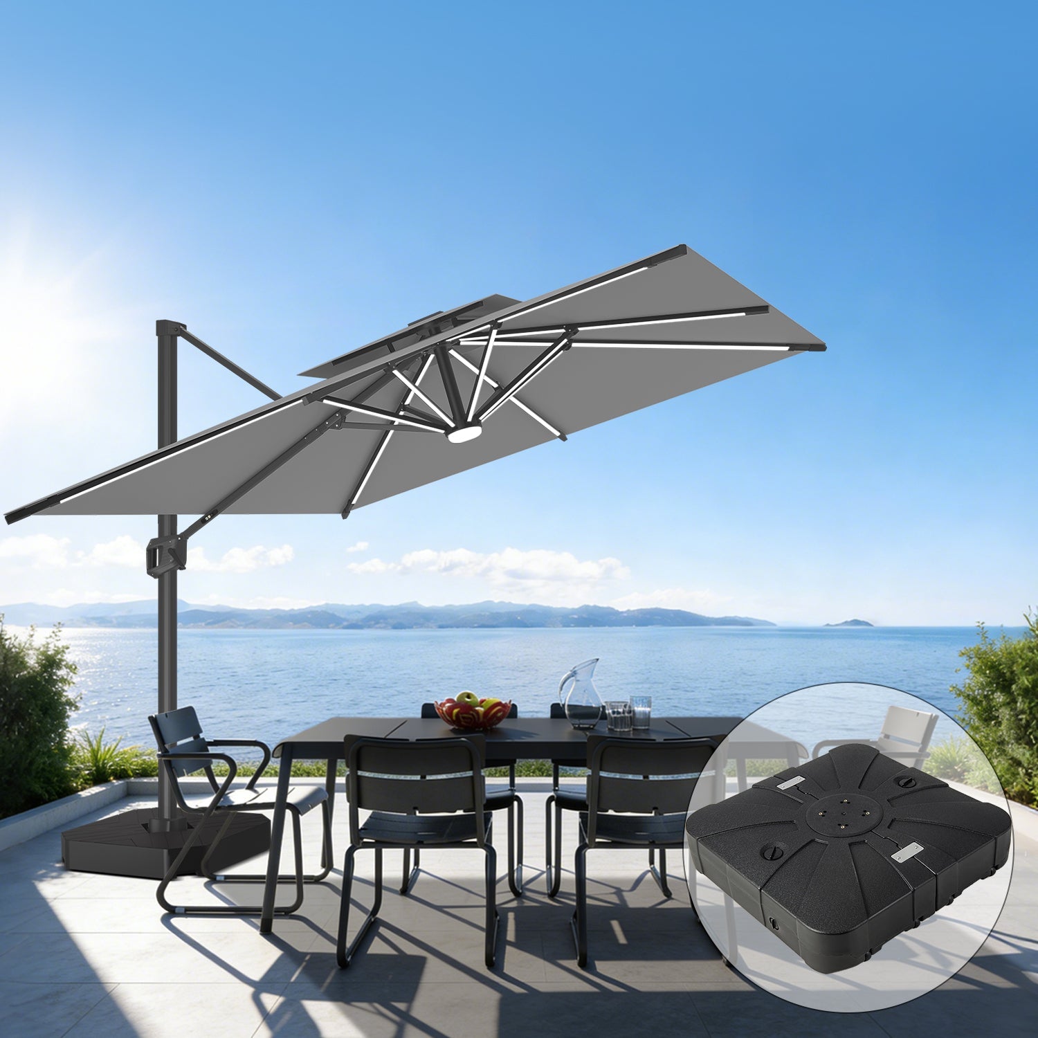 Patioslife Aegis – Parasol déporté Premium avec éclairage LED intégré, base croisée en métal et baleines en fibre de verre
