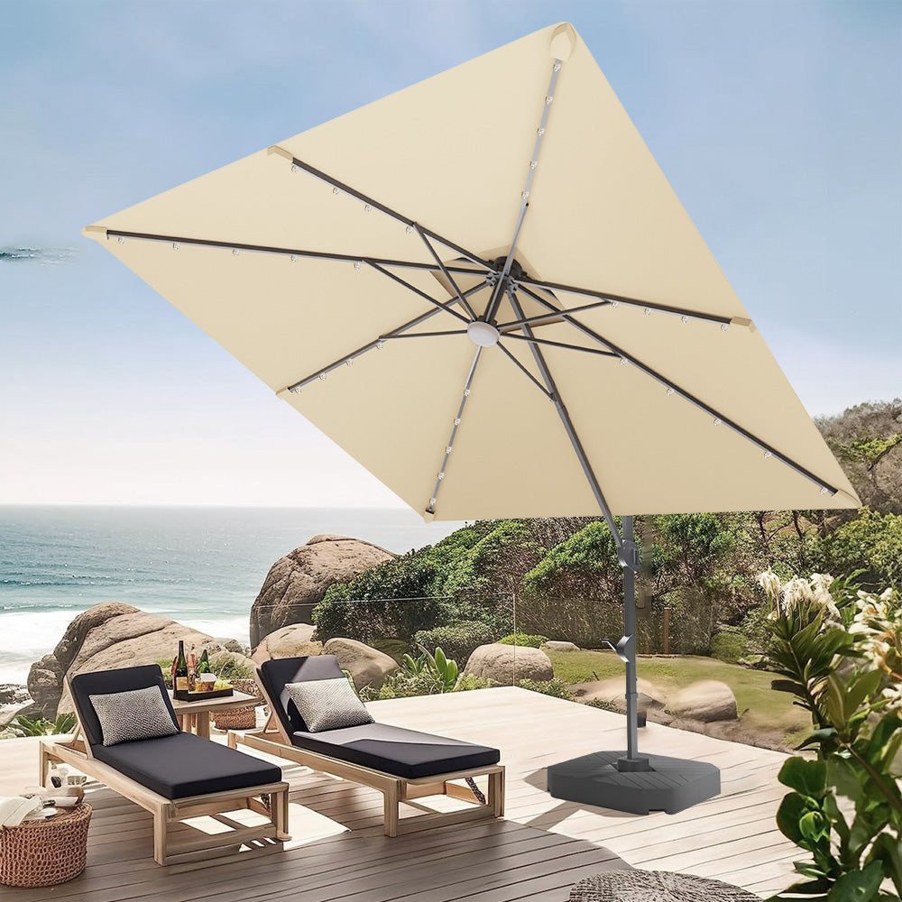 Patioslife Aegis Pro – Parasol déporté avec LED, base croisée en métal et structure renforcée en aluminium thermolaqué