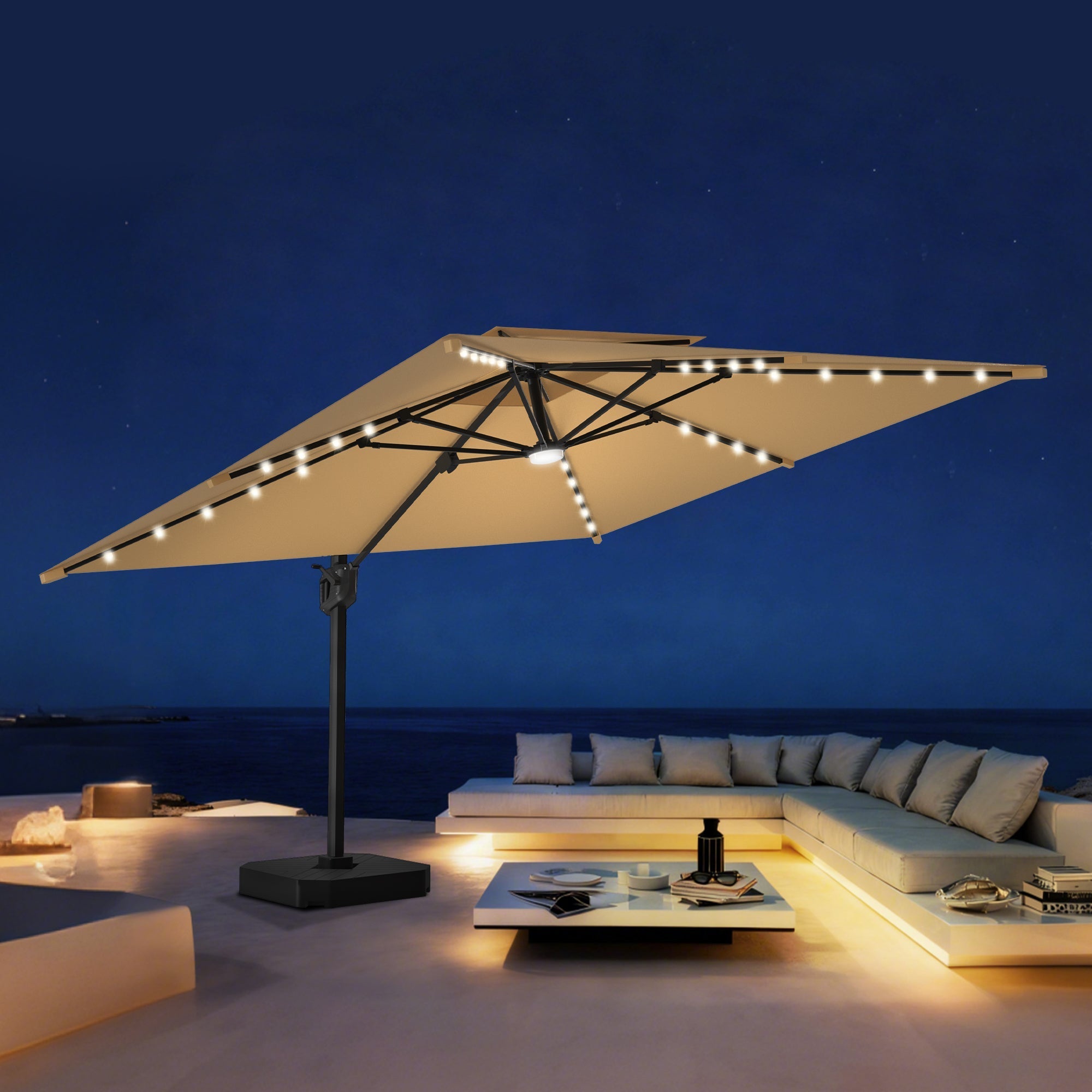 Patioslife Aegis Pro – Parasol déporté avec LED, base croisée en métal et structure renforcée en aluminium thermolaqué