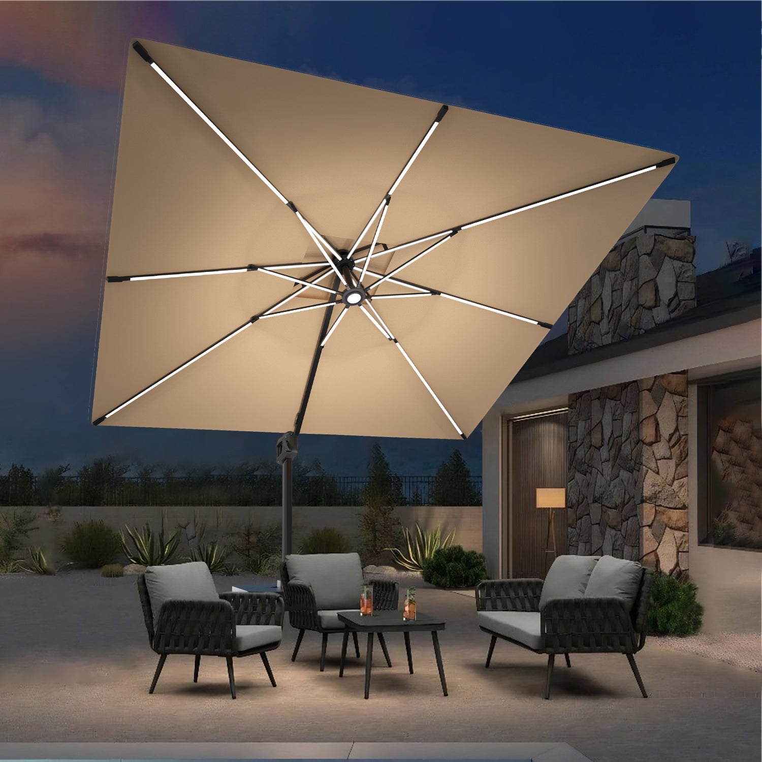 Patioslife Aegis – Parasol déporté Premium avec éclairage LED intégré, base croisée en métal et baleines en fibre de verre