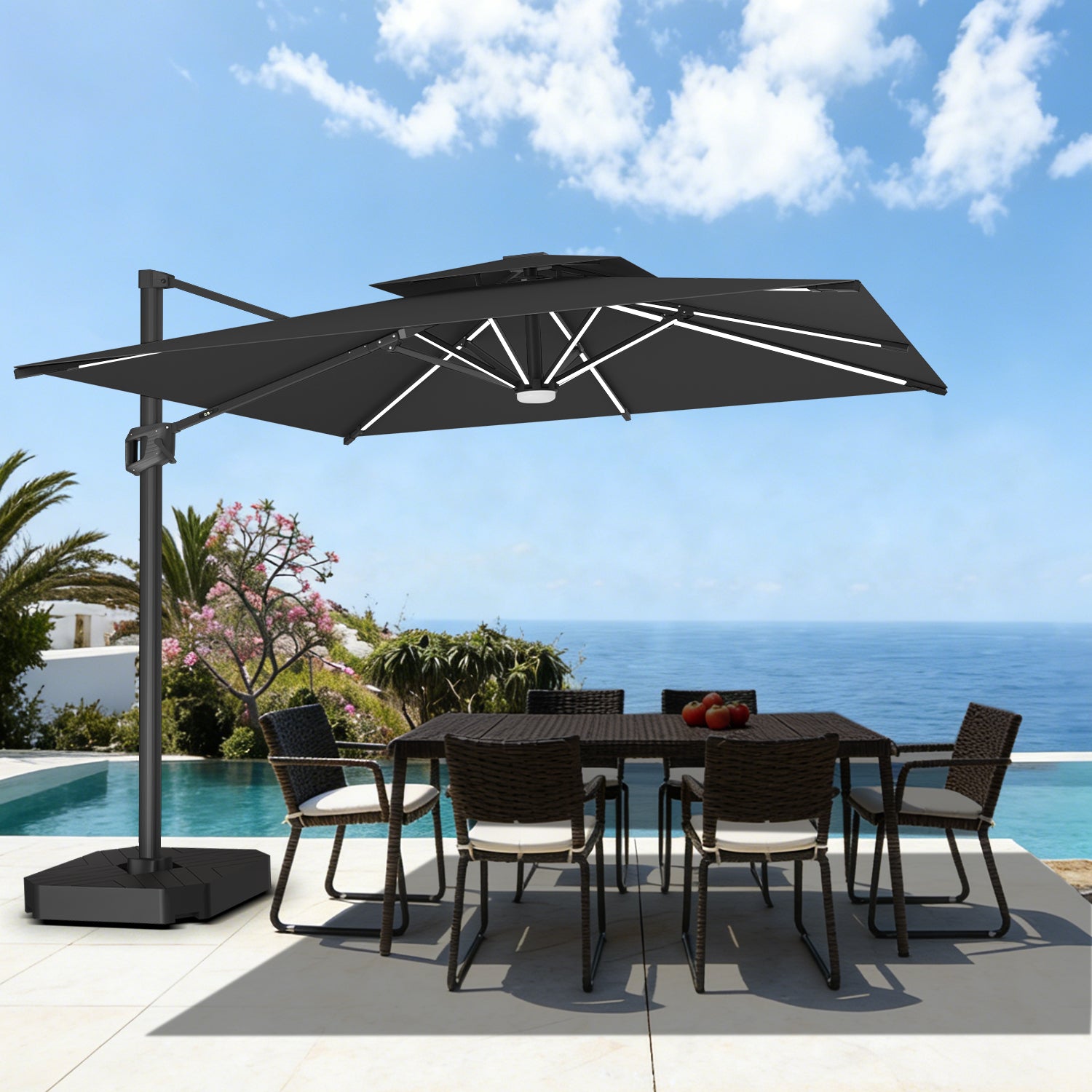 Patioslife Aegis – Parasol déporté Premium avec éclairage LED intégré, base croisée en métal et baleines en fibre de verre