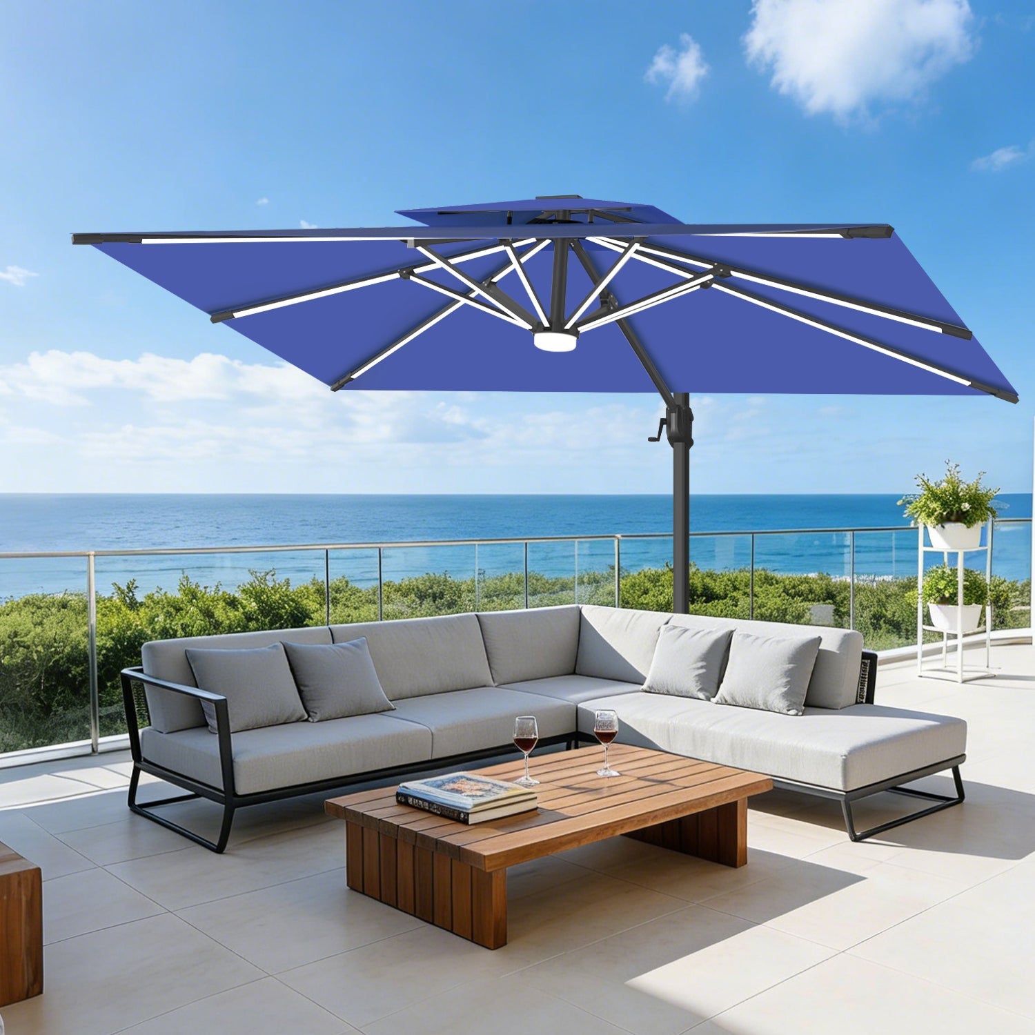 Patioslife Aegis – Parasol déporté Premium avec éclairage LED intégré, base croisée en métal et baleines en fibre de verre